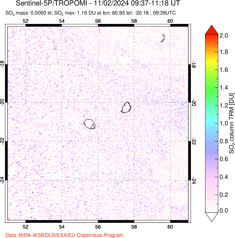 A sulfur dioxide image over Reunion Island, Indian Ocean on Nov 02, 2024.