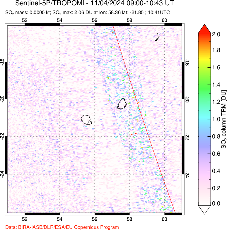 A sulfur dioxide image over Reunion Island, Indian Ocean on Nov 04, 2024.