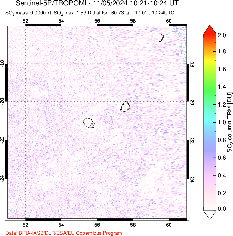 A sulfur dioxide image over Reunion Island, Indian Ocean on Nov 05, 2024.