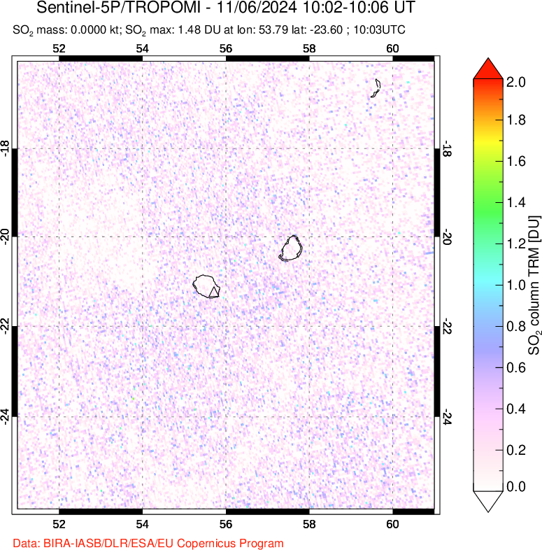 A sulfur dioxide image over Reunion Island, Indian Ocean on Nov 06, 2024.