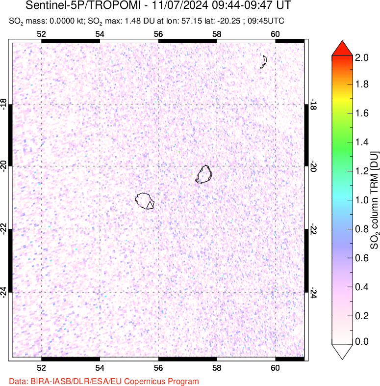 A sulfur dioxide image over Reunion Island, Indian Ocean on Nov 07, 2024.