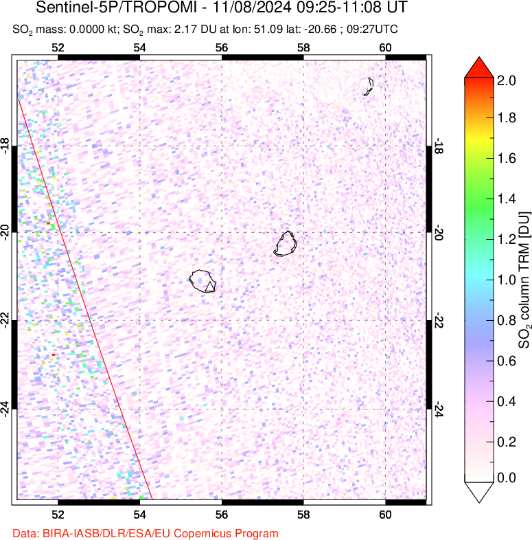 A sulfur dioxide image over Reunion Island, Indian Ocean on Nov 08, 2024.