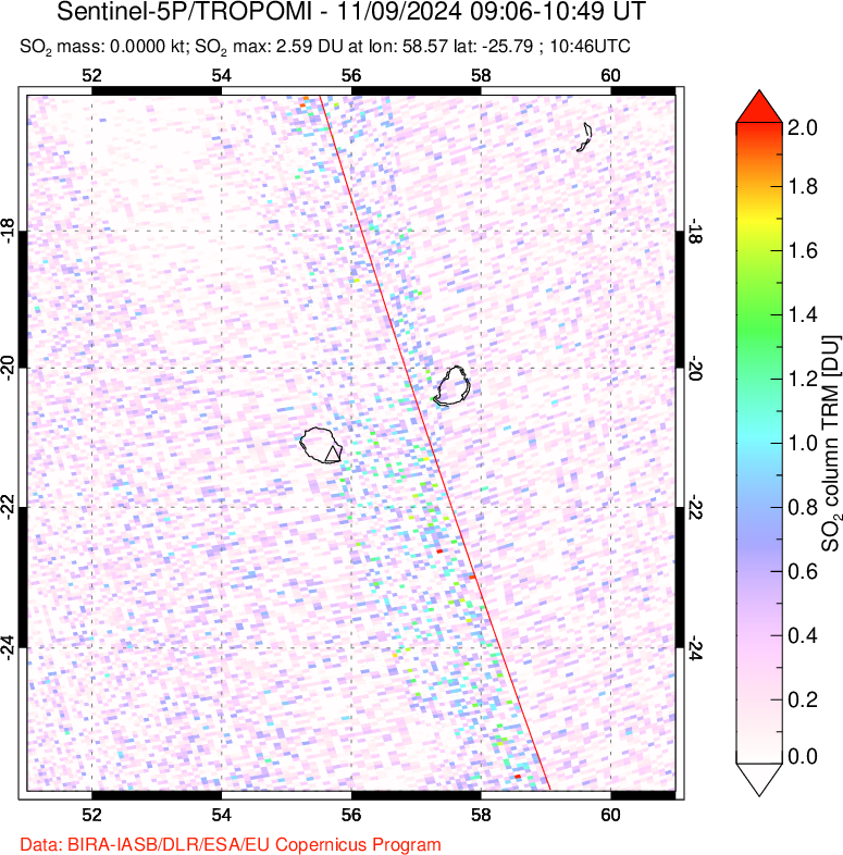 A sulfur dioxide image over Reunion Island, Indian Ocean on Nov 09, 2024.