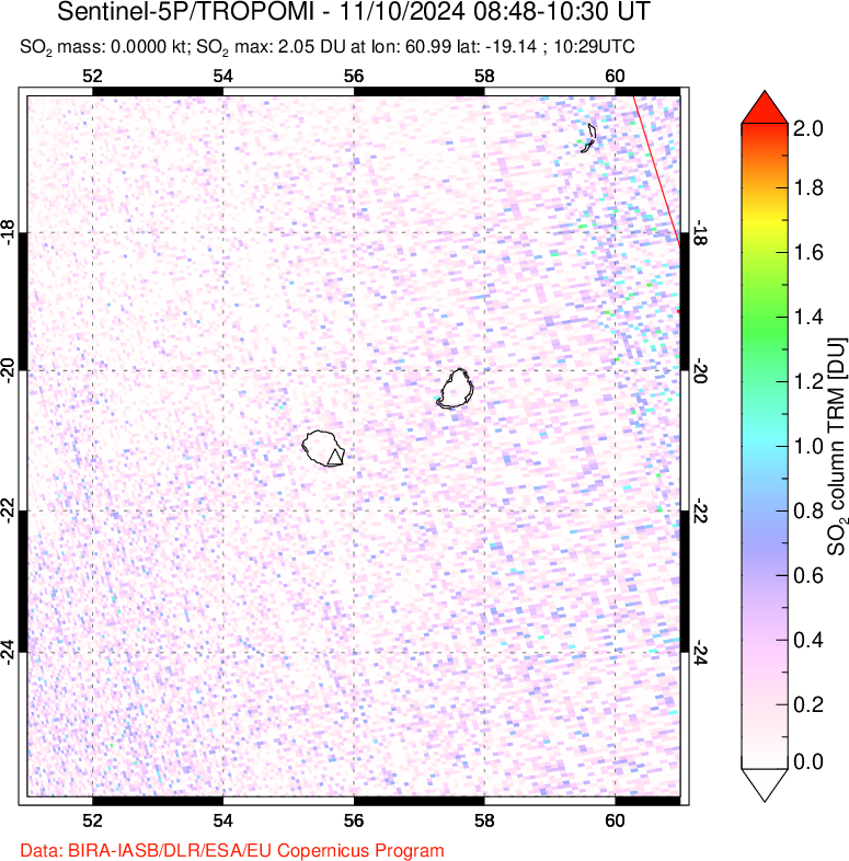 A sulfur dioxide image over Reunion Island, Indian Ocean on Nov 10, 2024.