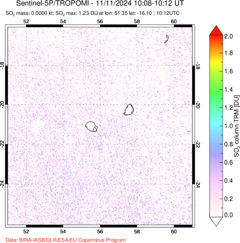 A sulfur dioxide image over Reunion Island, Indian Ocean on Nov 11, 2024.