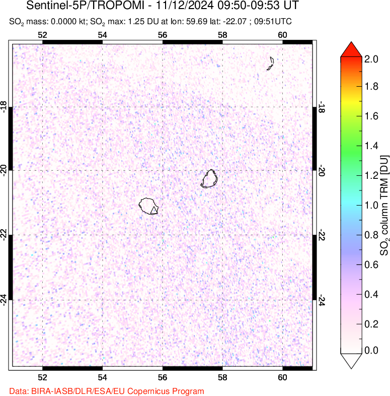 A sulfur dioxide image over Reunion Island, Indian Ocean on Nov 12, 2024.