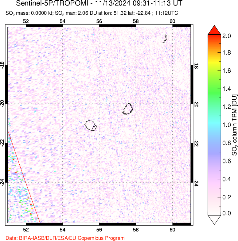 A sulfur dioxide image over Reunion Island, Indian Ocean on Nov 13, 2024.