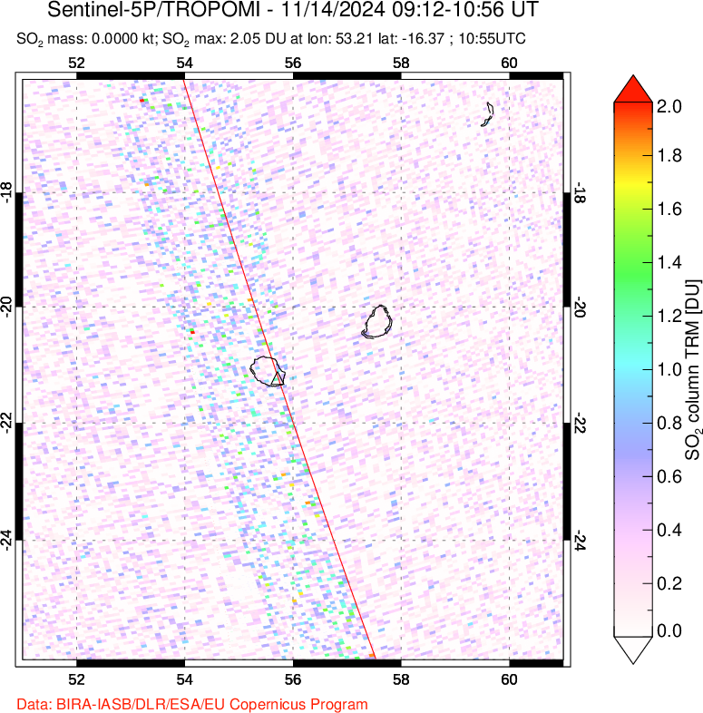 A sulfur dioxide image over Reunion Island, Indian Ocean on Nov 14, 2024.