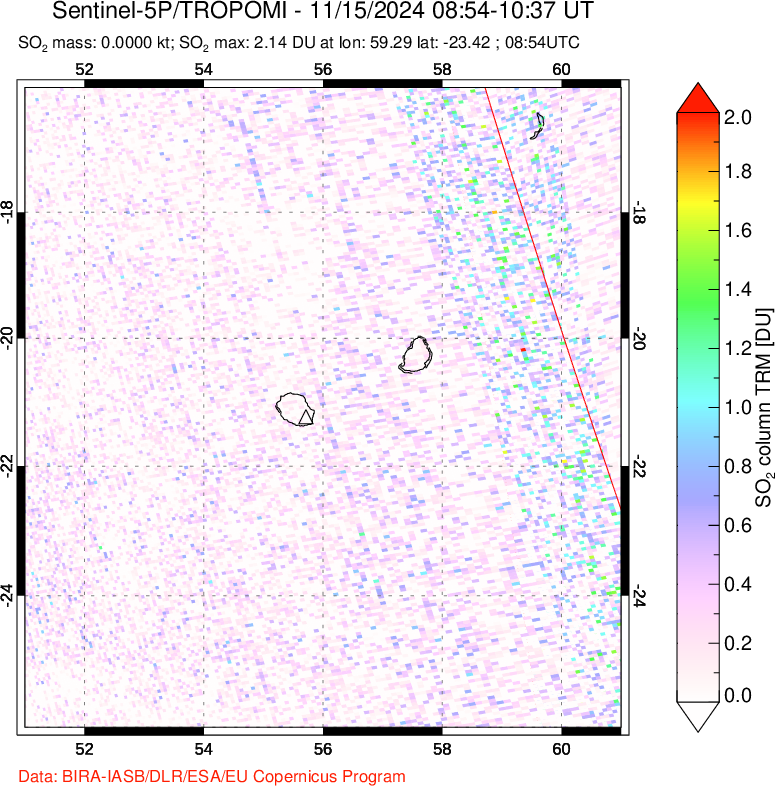 A sulfur dioxide image over Reunion Island, Indian Ocean on Nov 15, 2024.