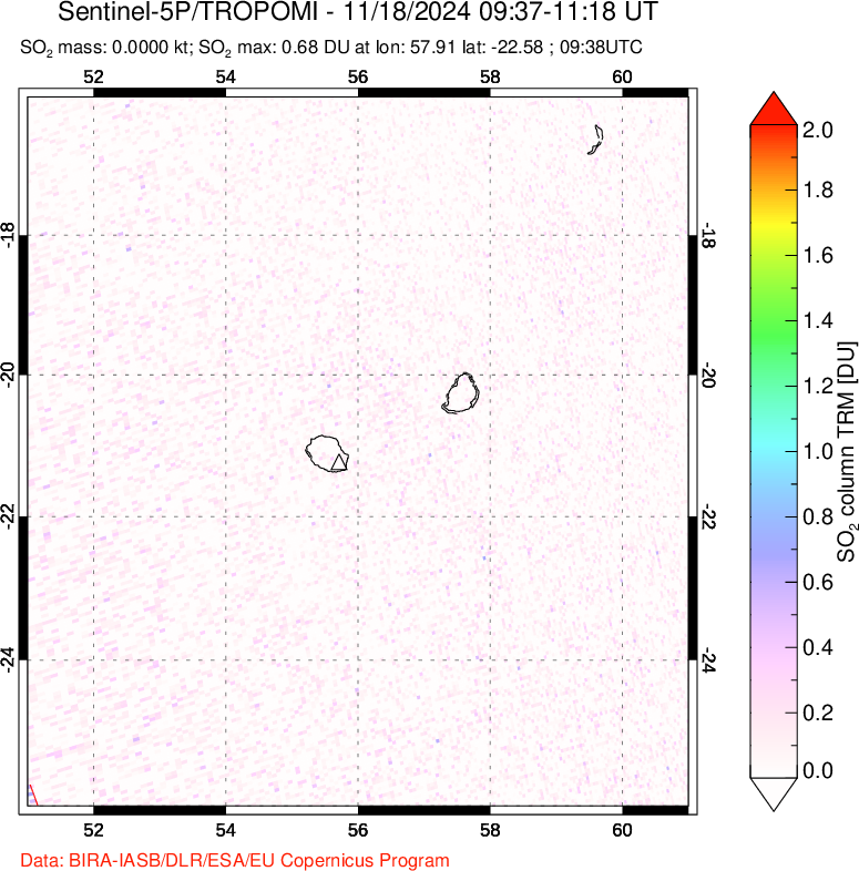 A sulfur dioxide image over Reunion Island, Indian Ocean on Nov 18, 2024.