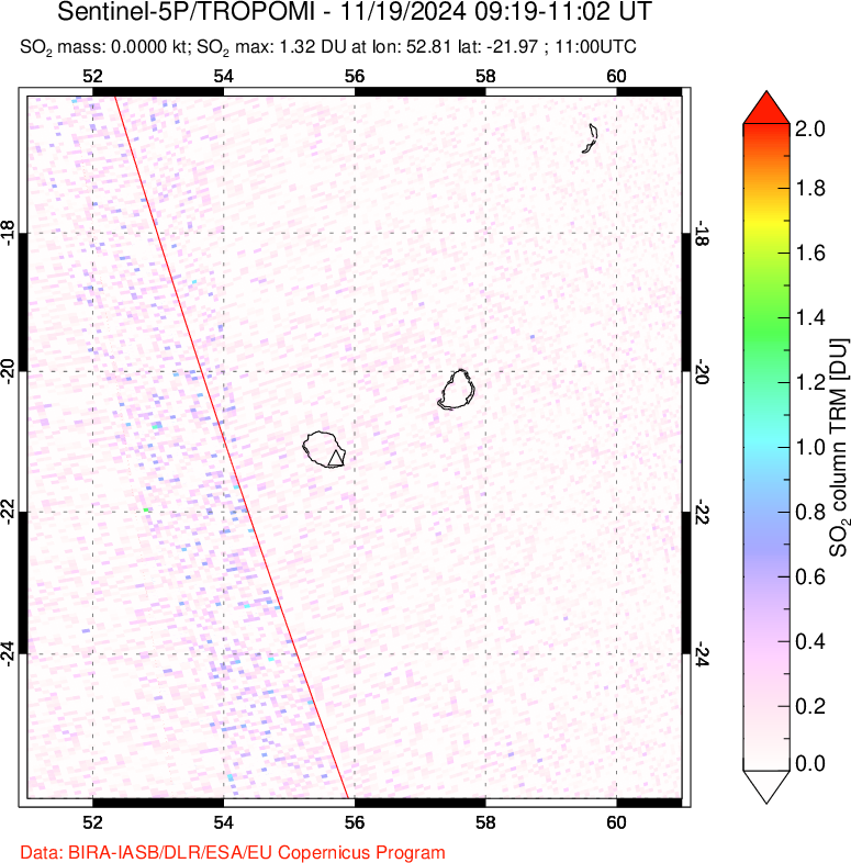 A sulfur dioxide image over Reunion Island, Indian Ocean on Nov 19, 2024.