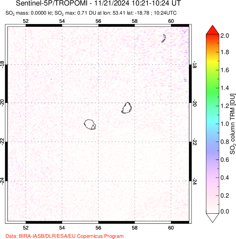 A sulfur dioxide image over Reunion Island, Indian Ocean on Nov 21, 2024.