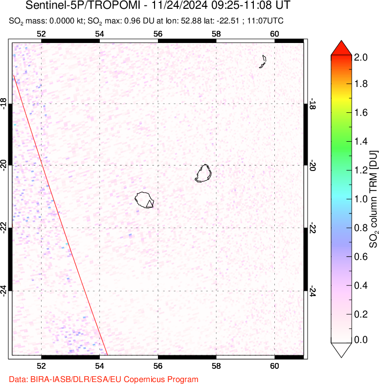 A sulfur dioxide image over Reunion Island, Indian Ocean on Nov 24, 2024.