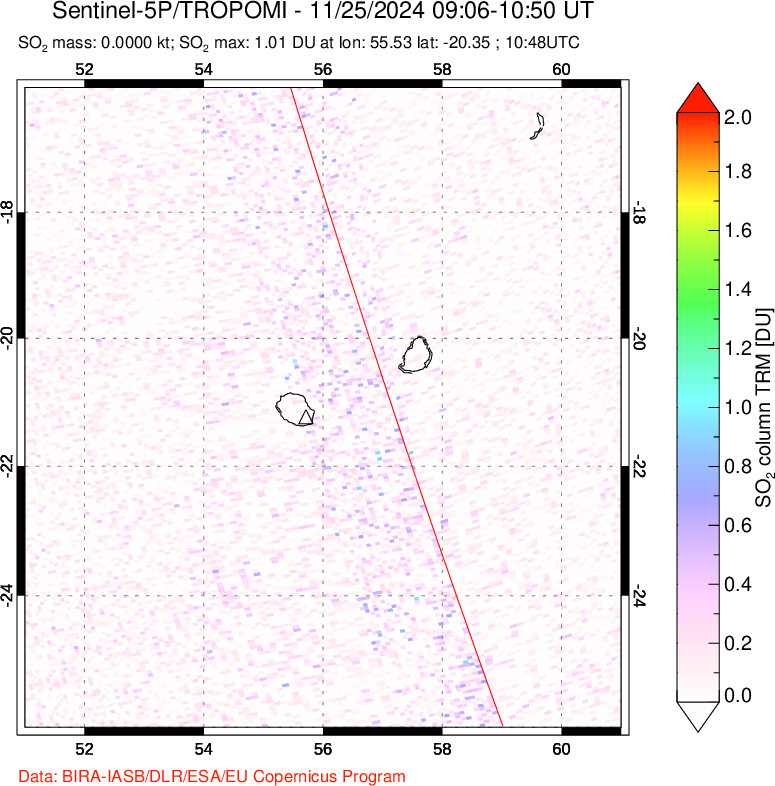 A sulfur dioxide image over Reunion Island, Indian Ocean on Nov 25, 2024.