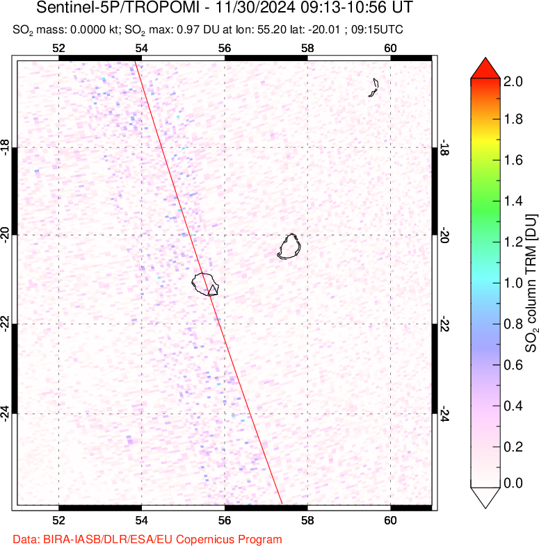 A sulfur dioxide image over Reunion Island, Indian Ocean on Nov 30, 2024.