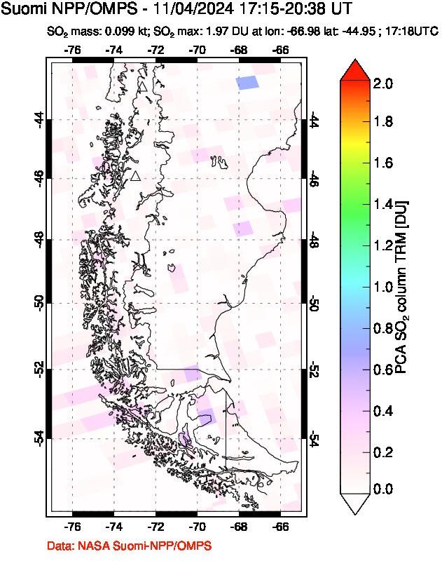 A sulfur dioxide image over Southern Chile on Nov 04, 2024.