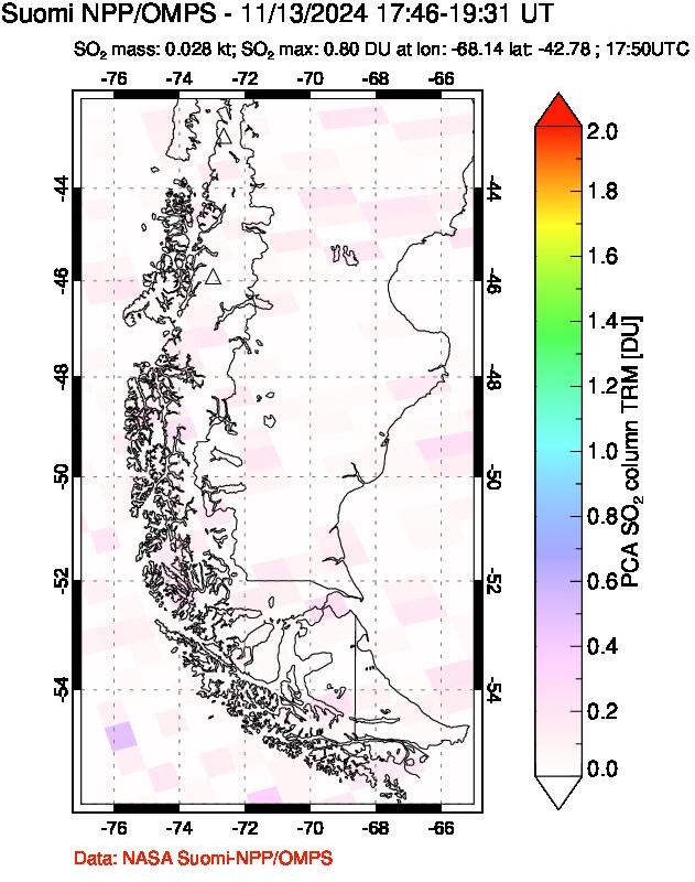 A sulfur dioxide image over Southern Chile on Nov 13, 2024.