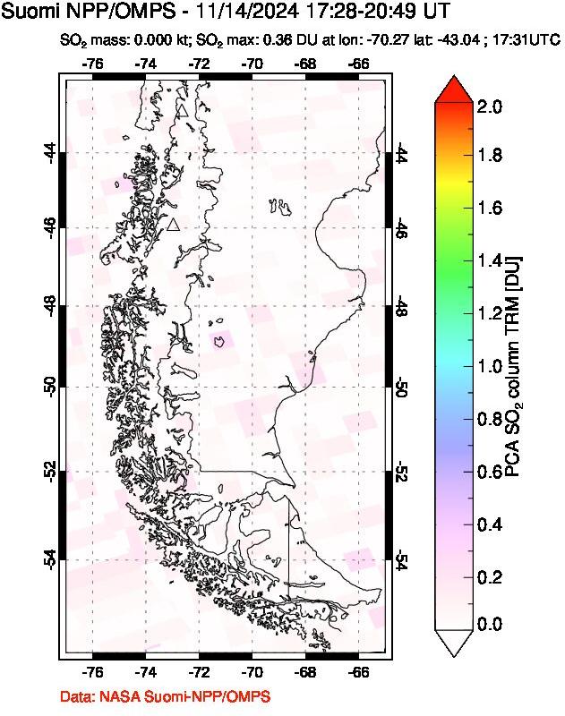 A sulfur dioxide image over Southern Chile on Nov 14, 2024.