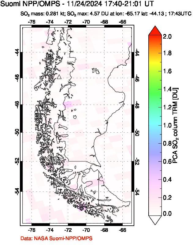 A sulfur dioxide image over Southern Chile on Nov 24, 2024.