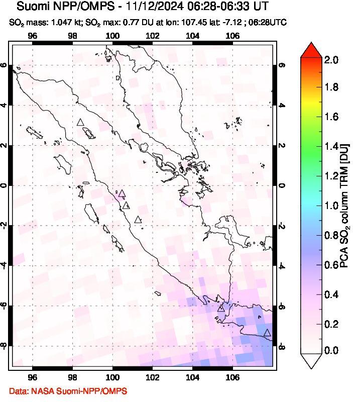 A sulfur dioxide image over Sumatra, Indonesia on Nov 12, 2024.