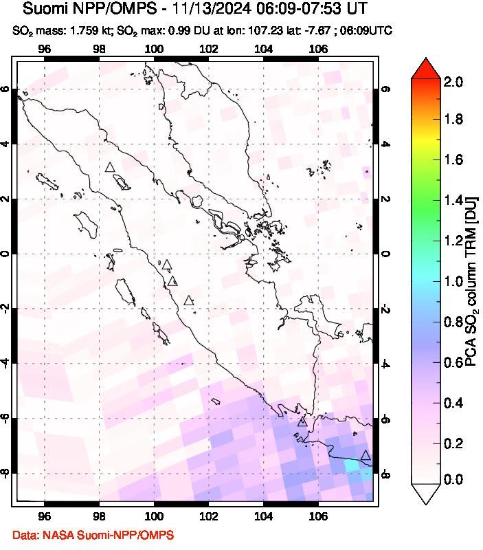 A sulfur dioxide image over Sumatra, Indonesia on Nov 13, 2024.