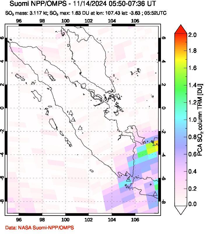 A sulfur dioxide image over Sumatra, Indonesia on Nov 14, 2024.