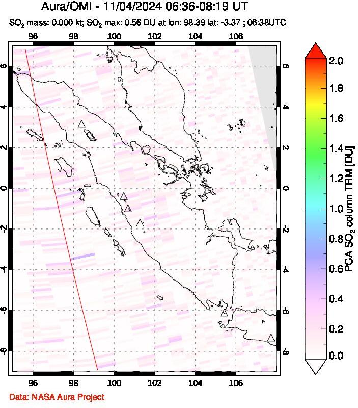 A sulfur dioxide image over Sumatra, Indonesia on Nov 04, 2024.