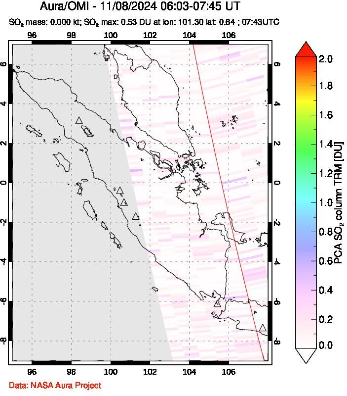 A sulfur dioxide image over Sumatra, Indonesia on Nov 08, 2024.
