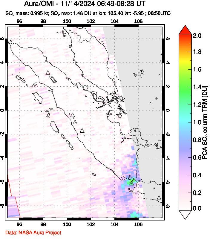 A sulfur dioxide image over Sumatra, Indonesia on Nov 14, 2024.