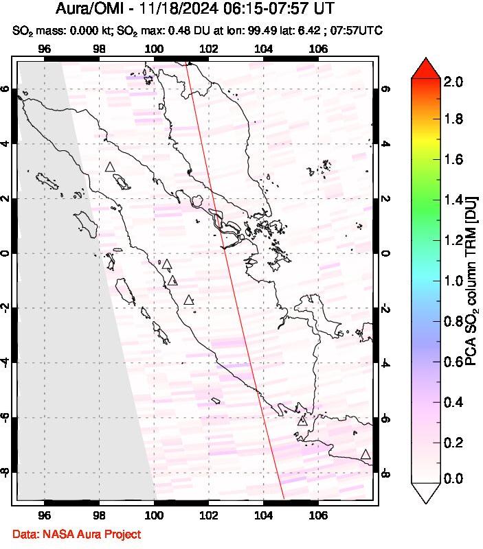 A sulfur dioxide image over Sumatra, Indonesia on Nov 18, 2024.