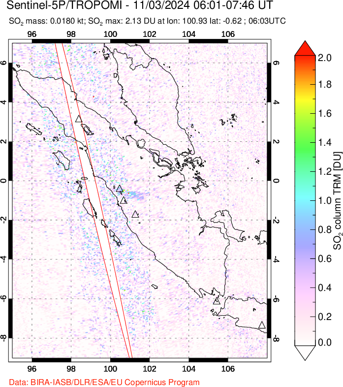 A sulfur dioxide image over Sumatra, Indonesia on Nov 03, 2024.