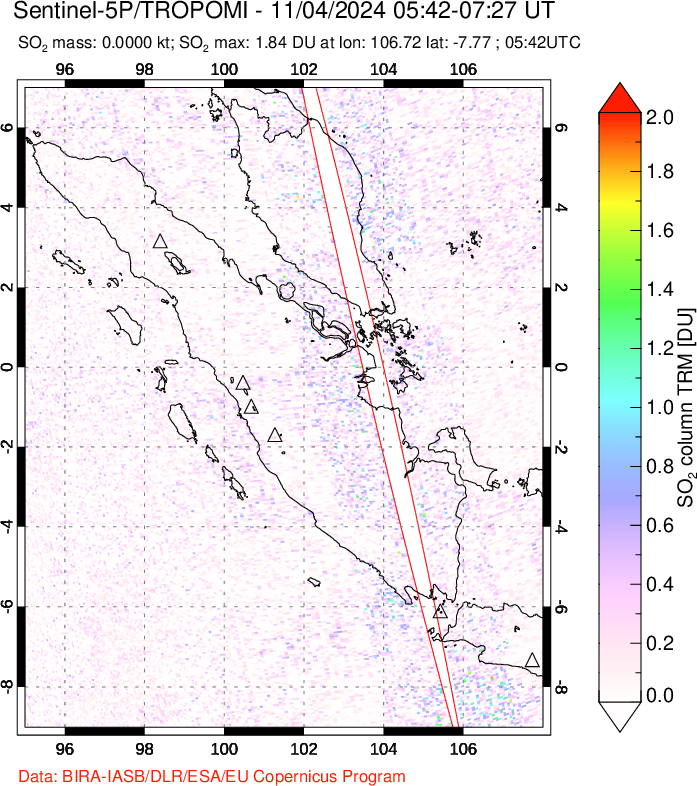 A sulfur dioxide image over Sumatra, Indonesia on Nov 04, 2024.