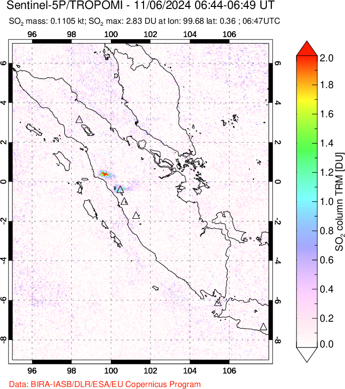 A sulfur dioxide image over Sumatra, Indonesia on Nov 06, 2024.