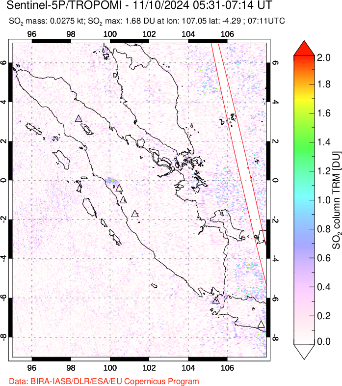 A sulfur dioxide image over Sumatra, Indonesia on Nov 10, 2024.