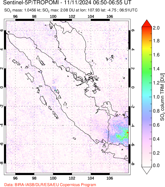 A sulfur dioxide image over Sumatra, Indonesia on Nov 11, 2024.