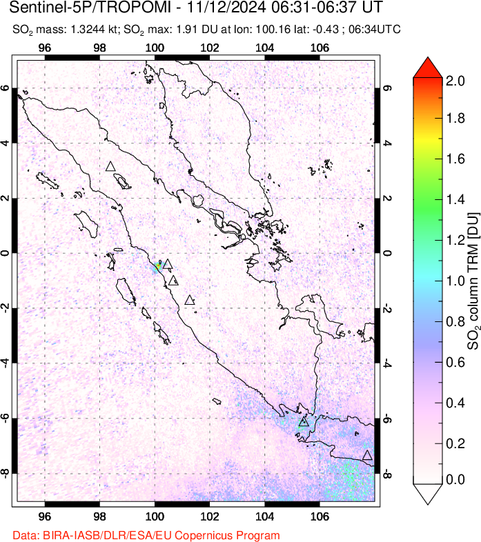 A sulfur dioxide image over Sumatra, Indonesia on Nov 12, 2024.