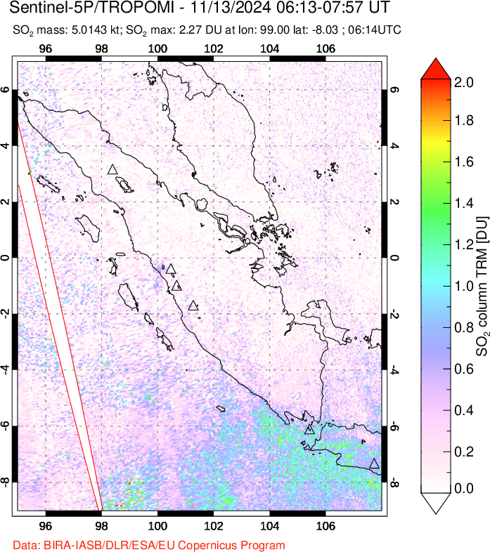 A sulfur dioxide image over Sumatra, Indonesia on Nov 13, 2024.