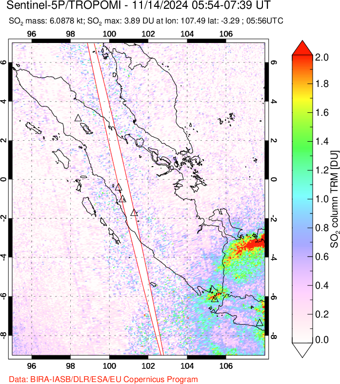 A sulfur dioxide image over Sumatra, Indonesia on Nov 14, 2024.