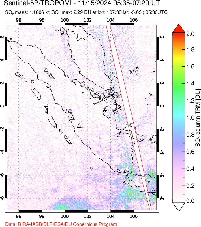 A sulfur dioxide image over Sumatra, Indonesia on Nov 15, 2024.