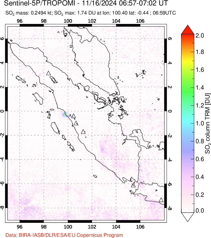 A sulfur dioxide image over Sumatra, Indonesia on Nov 16, 2024.