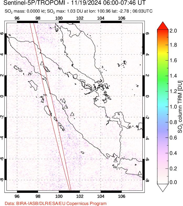 A sulfur dioxide image over Sumatra, Indonesia on Nov 19, 2024.