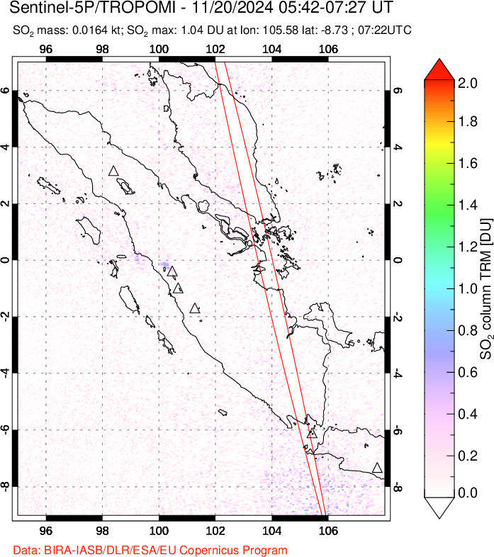 A sulfur dioxide image over Sumatra, Indonesia on Nov 20, 2024.