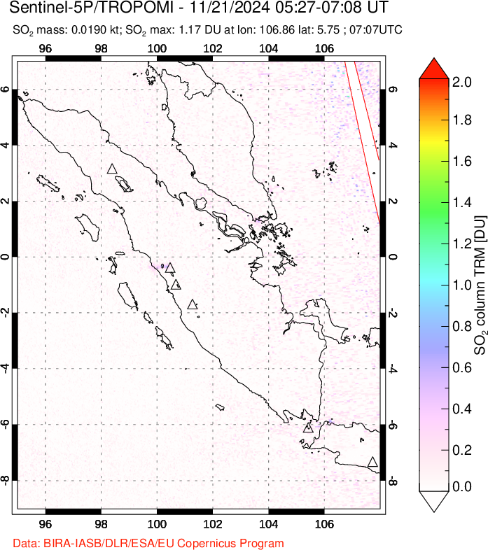 A sulfur dioxide image over Sumatra, Indonesia on Nov 21, 2024.