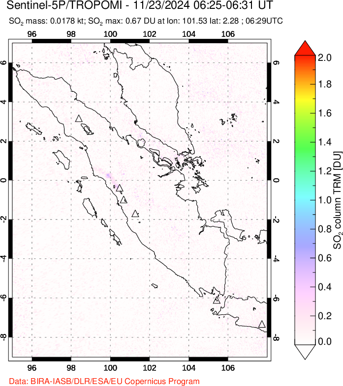 A sulfur dioxide image over Sumatra, Indonesia on Nov 23, 2024.