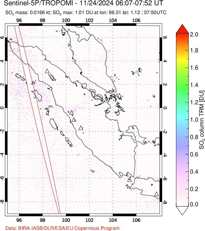 A sulfur dioxide image over Sumatra, Indonesia on Nov 24, 2024.