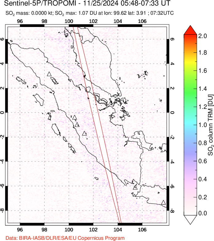 A sulfur dioxide image over Sumatra, Indonesia on Nov 25, 2024.