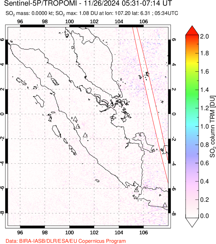 A sulfur dioxide image over Sumatra, Indonesia on Nov 26, 2024.