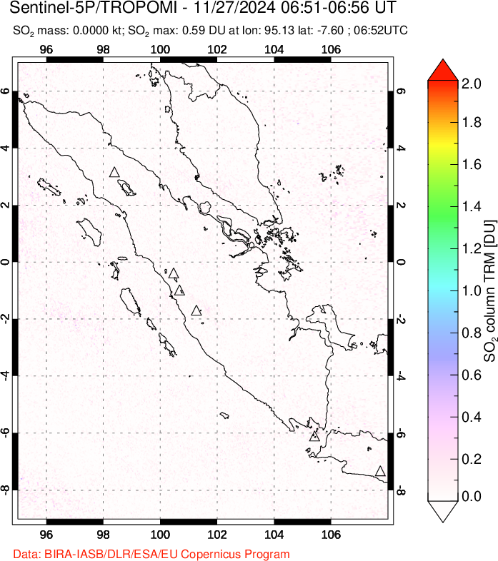 A sulfur dioxide image over Sumatra, Indonesia on Nov 27, 2024.