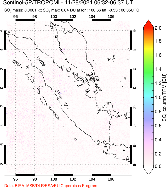 A sulfur dioxide image over Sumatra, Indonesia on Nov 28, 2024.