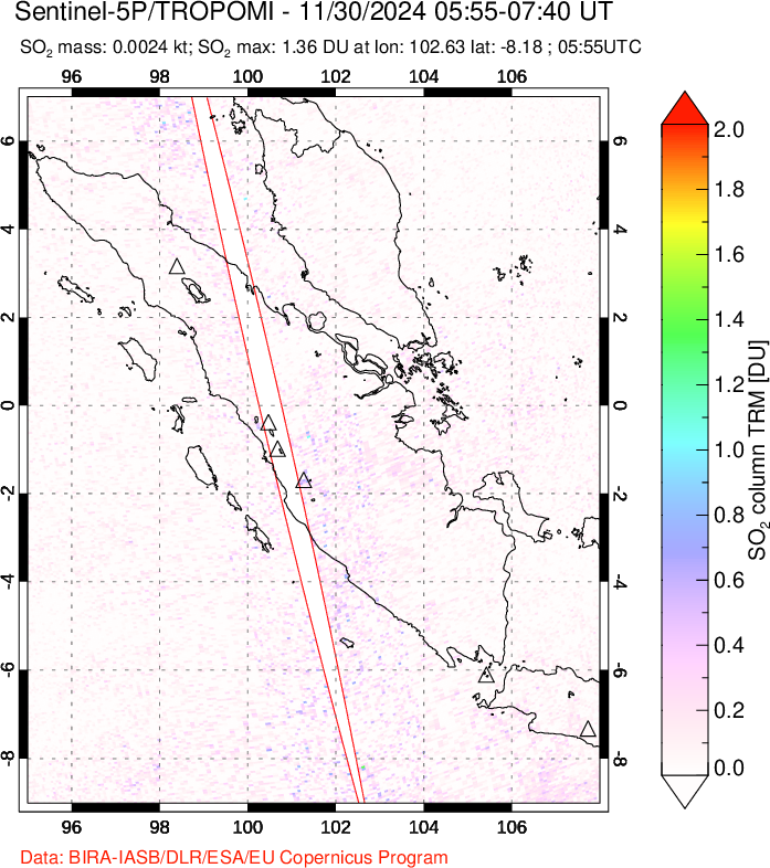 A sulfur dioxide image over Sumatra, Indonesia on Nov 30, 2024.